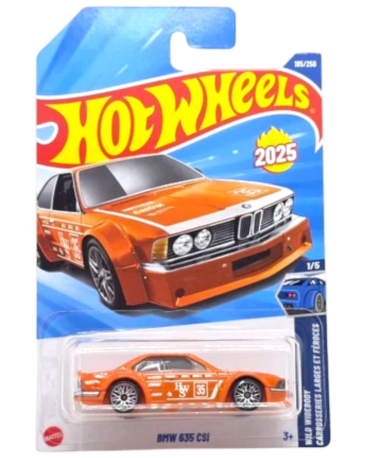 More Than Diecast Hot Wheels 2025 BMW 635 CSi Wild Widebody orange 1:64 scale diecast car in blister pack.