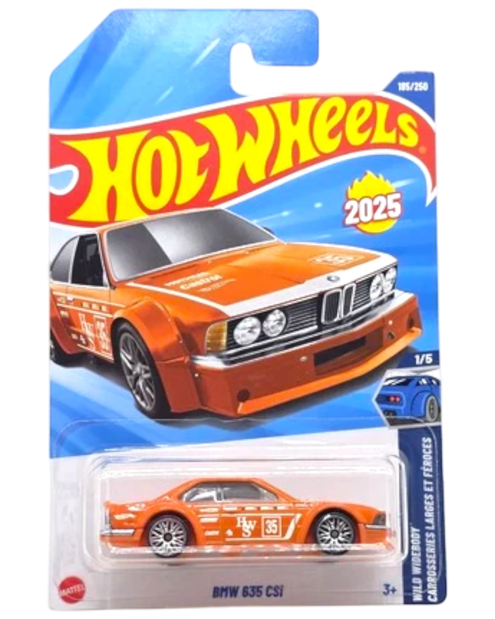 More Than Diecast Hot Wheels 2025 BMW 635 CSi Wild Widebody orange 1:64 scale diecast car in blister pack.