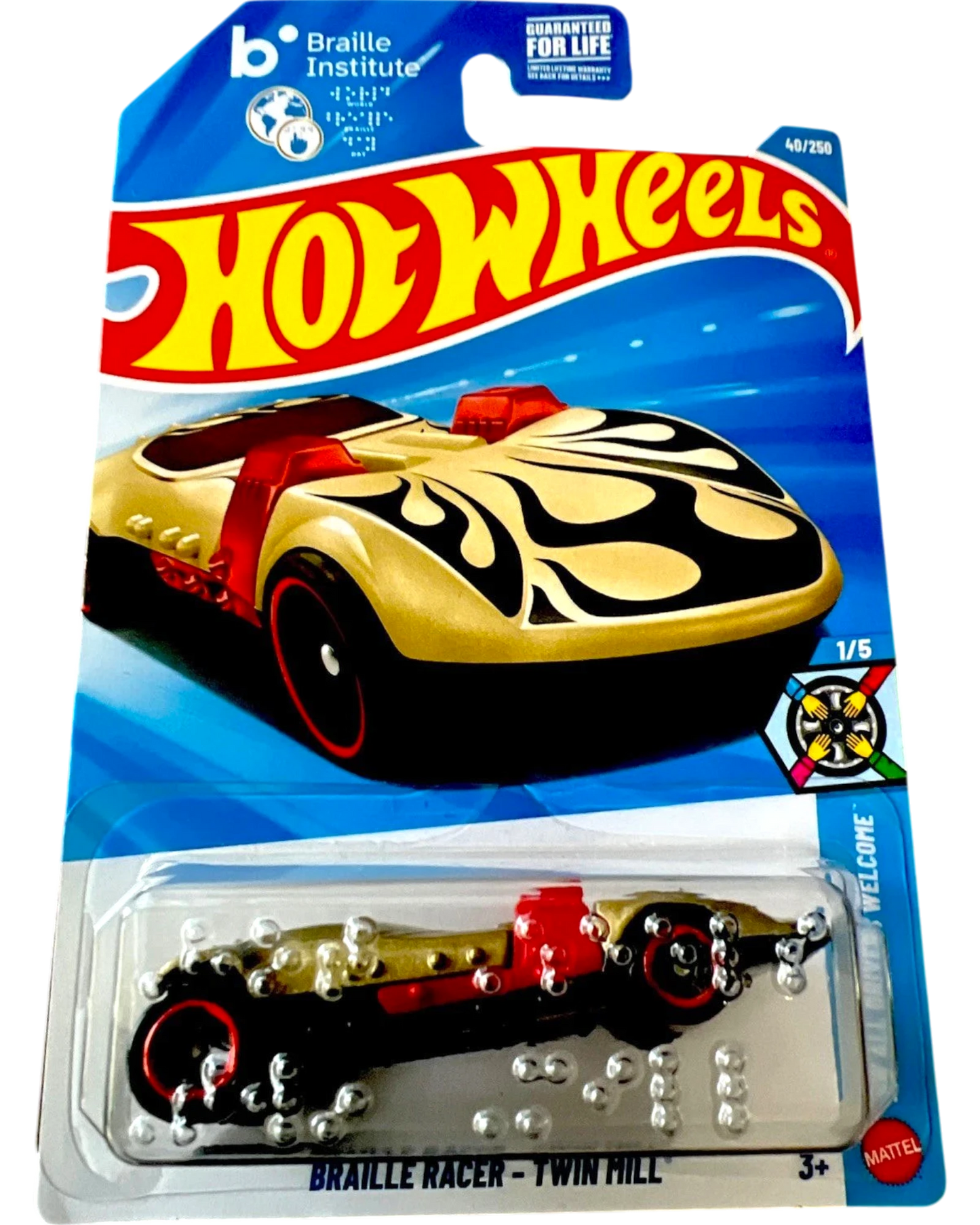 More Than Diecast Hot Wheels Braille Racer Twin Mill 40/250, gold and black die-cast car with red accents and flame details.