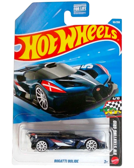 More Than Diecast Hot Wheels Bugatti Bolide toy car, 1:64 scale, deep blue with red and white racing stripes, #50/250