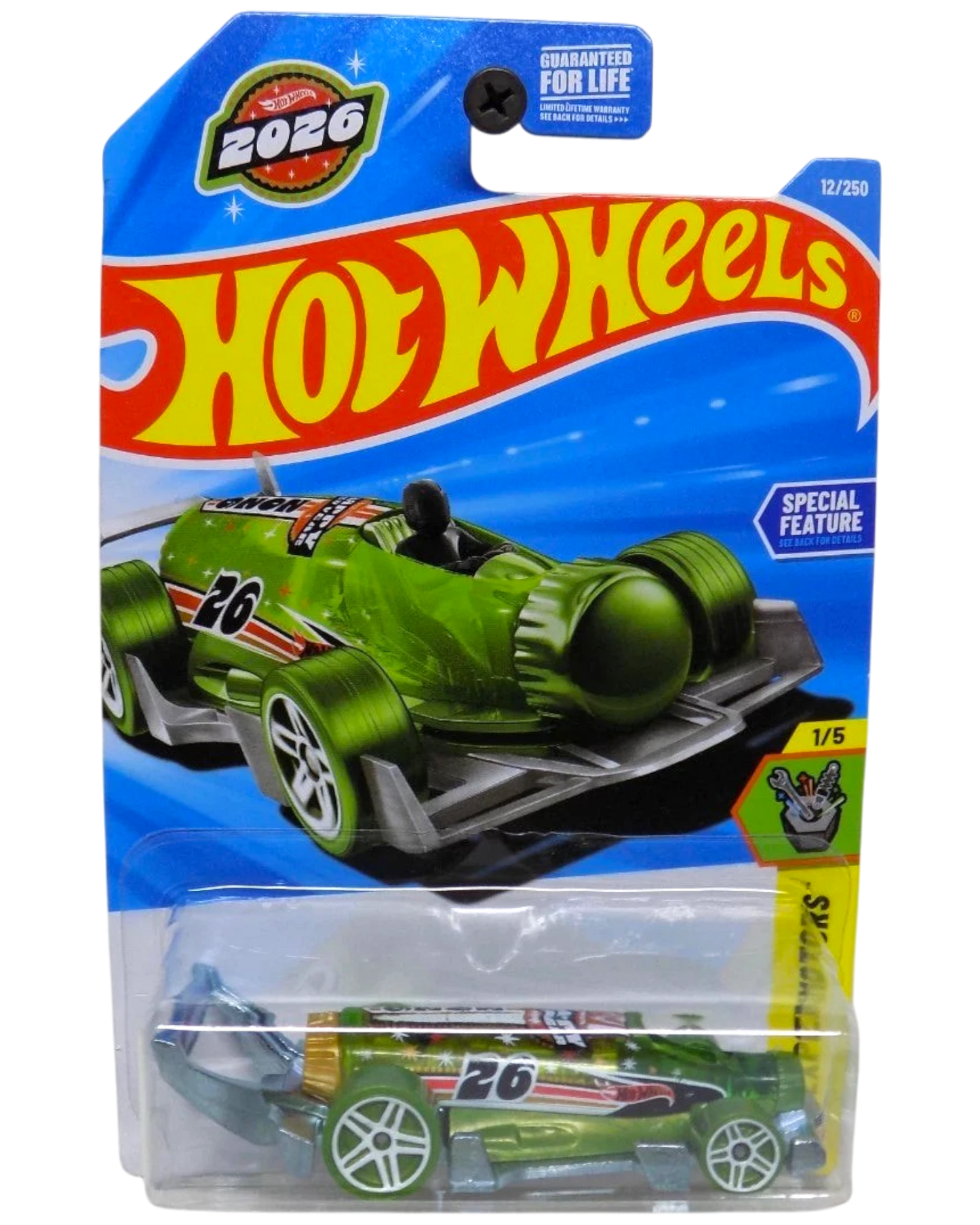 More Than Diecast Hot Wheels 2025 Series Carbonator toy car, bright green with white and red racing stripes and the number 26. Special edition for New Years 2026.