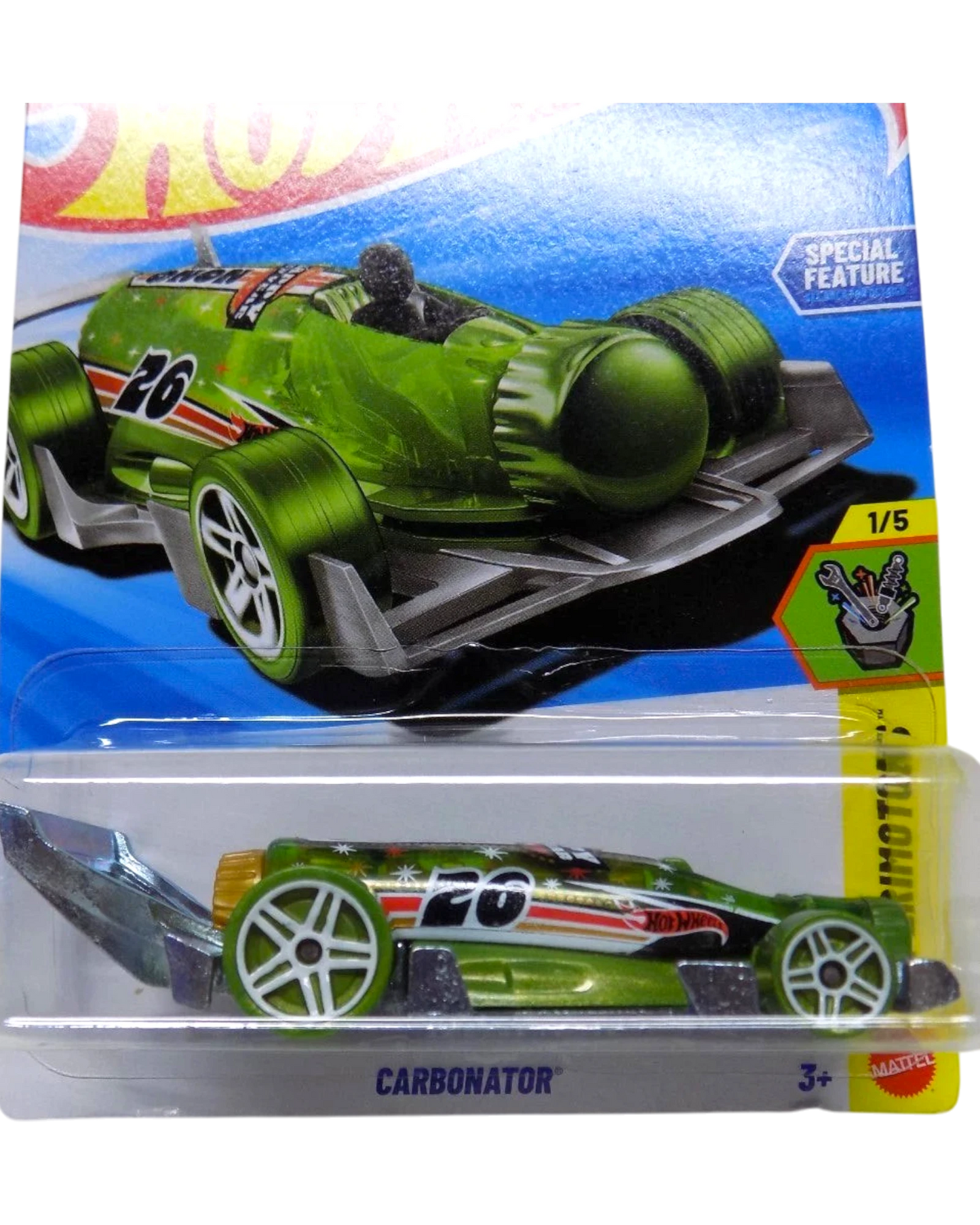 More Than Diecast Hot Wheels 2025 Series Carbonator toy car, green with white accents and number 26, in packaging.