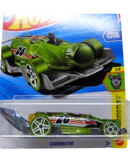 More Than Diecast Hot Wheels 2025 Series Carbonator toy car, green with white accents and number 26, in packaging.