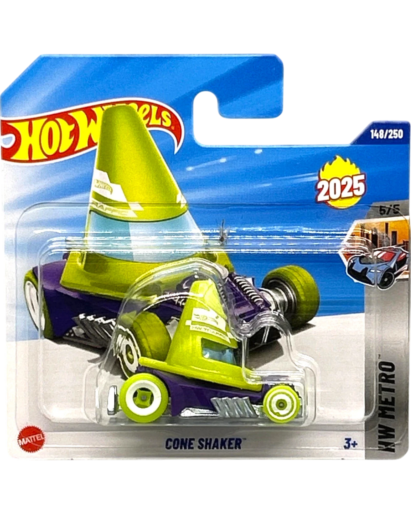 More Than Diecast Hot Wheels Cone Shaker HW Metro die-cast toy car, lime green and purple with a traffic cone design.