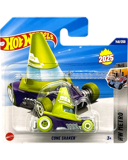 More Than Diecast Hot Wheels Cone Shaker HW Metro die-cast toy car, lime green and purple with a traffic cone design.