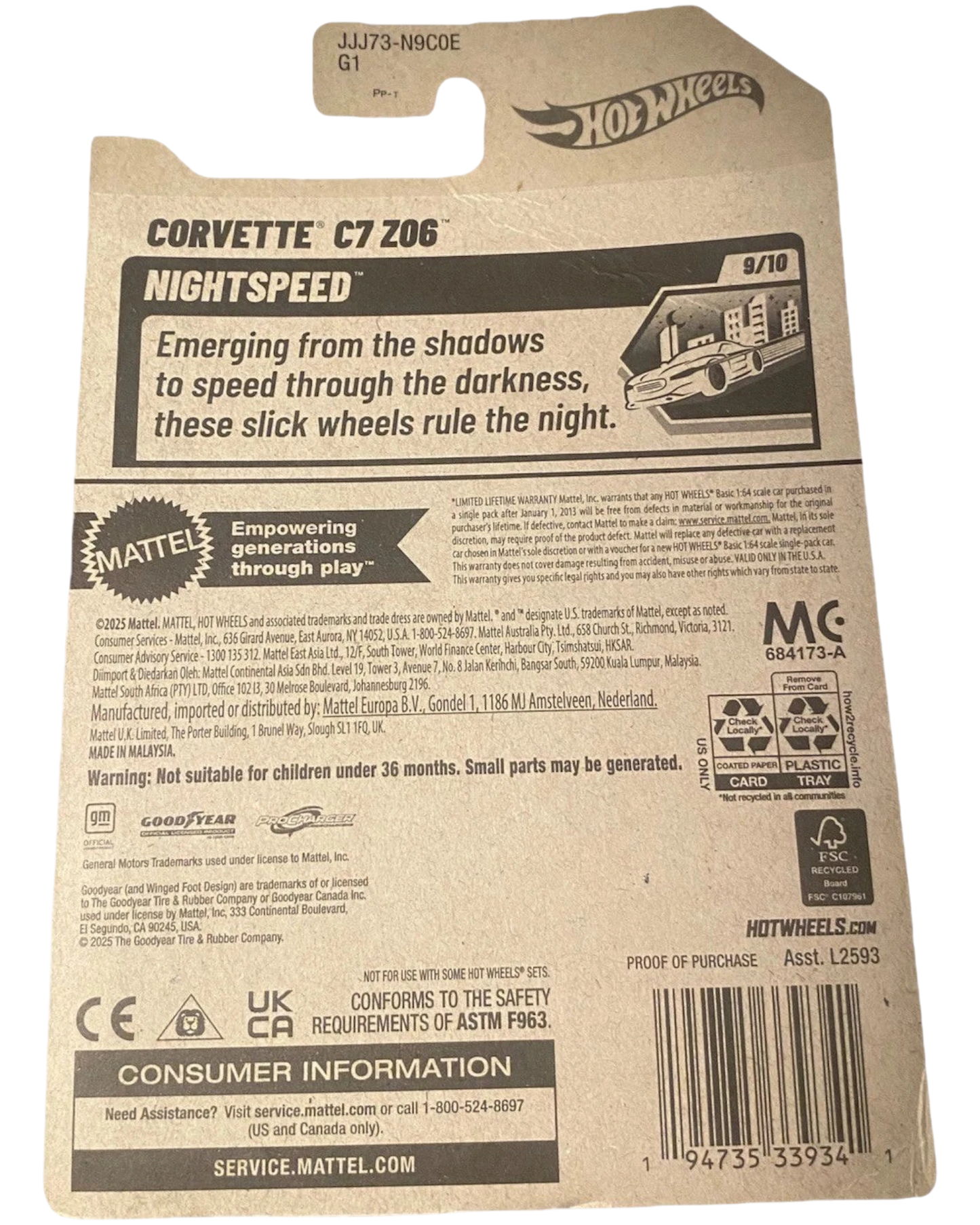 More Than Diecast Hot Wheels Corvette C7 Z06 Nightspeed Series die-cast car packaging, featuring a pink Corvette graphic.