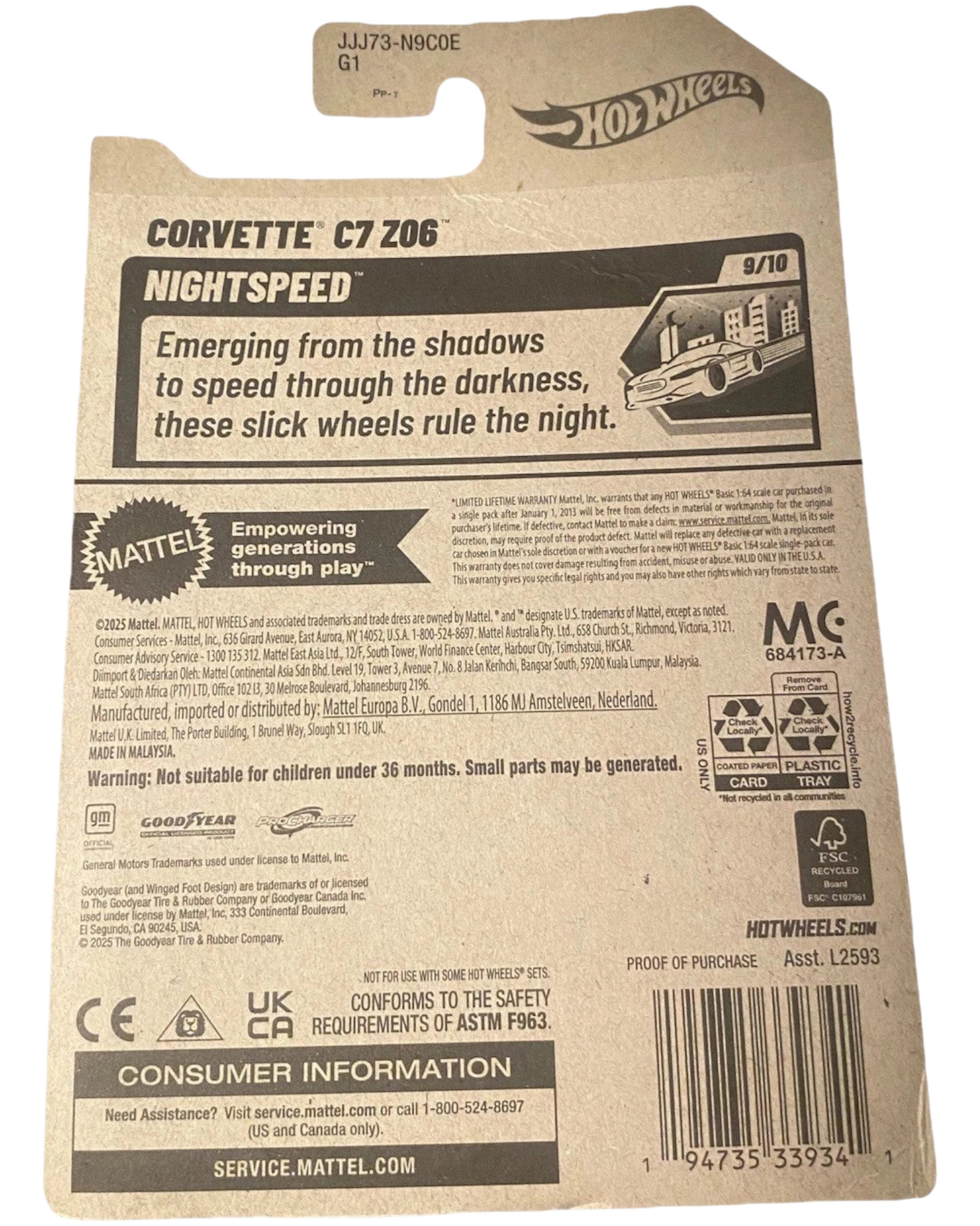 More Than Diecast Hot Wheels Corvette C7 Z06 Nightspeed Series die-cast car packaging, featuring a pink Corvette graphic.