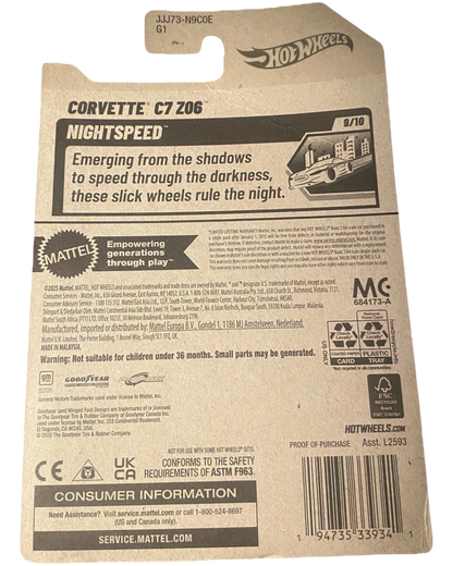 More Than Diecast Hot Wheels Corvette C7 Z06 Nightspeed Series die-cast car packaging, featuring a pink Corvette graphic.