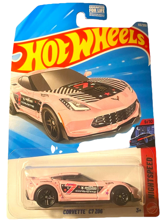 More Than Diecast Hot Wheels Corvette C7 Z06 in pink with black and white racing stripes and star graphics. 1:64 scale die-cast.