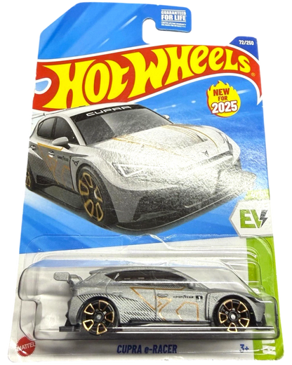 More Than Diecast 2025 Hot Wheels Cupra e-Racer silver die-cast toy car, 72/250 edition, with gold accents and Goodyear branding.
