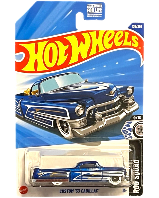 More Than Diecast Hot Wheels Custom '53 Cadillac, blue die-cast car with chrome trim and white accents, 1:64 scale, limited edition 139/250.