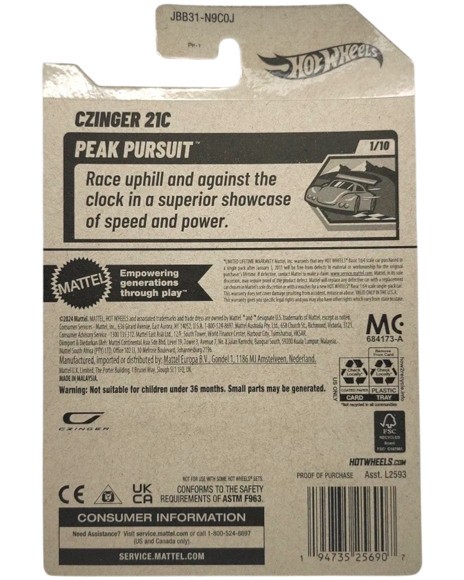 More Than Diecast Hot Wheels 2025 Czinger 21c Peak Pursuit die-cast model in orange. Card shows product details and branding.