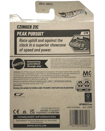 More Than Diecast Hot Wheels 2025 Czinger 21c Peak Pursuit die-cast model in orange. Card shows product details and branding.
