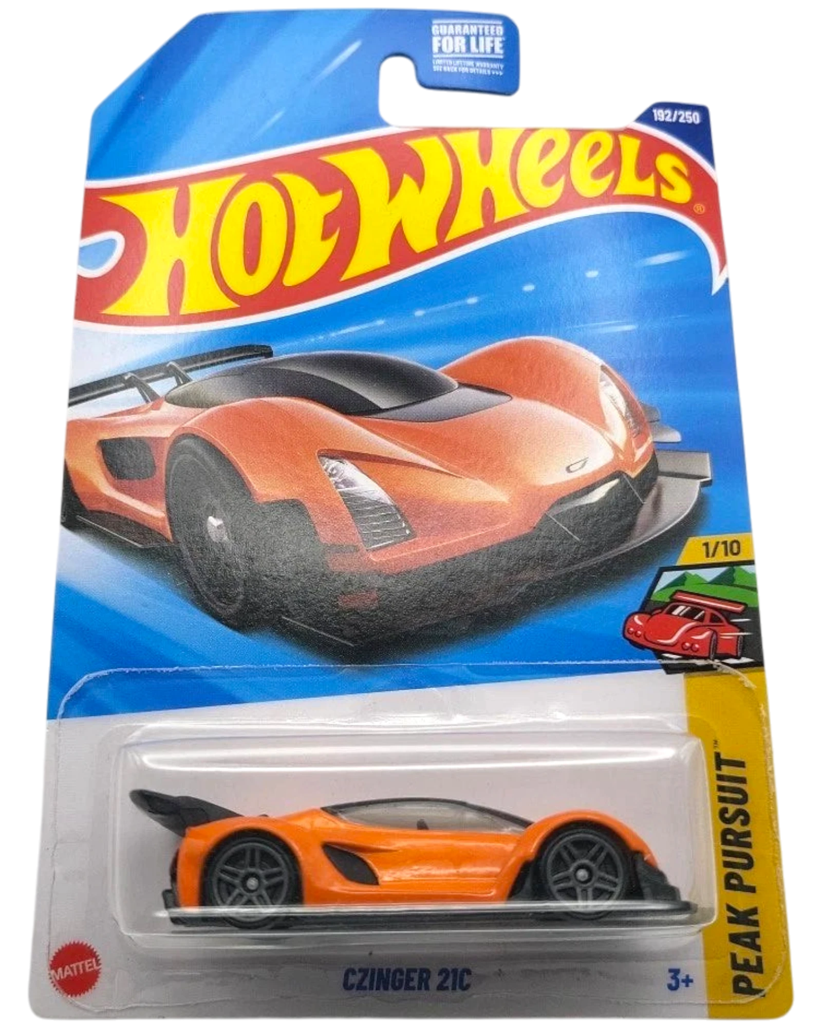 More Than Diecast Hot Wheels 2025 Czinger 21c orange 1/10 scale die-cast car with black accents and spoiler, in Peak Pursuit packaging.