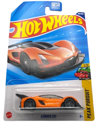 More Than Diecast Hot Wheels 2025 Czinger 21c orange 1/10 scale die-cast car with black accents and spoiler, in Peak Pursuit packaging.