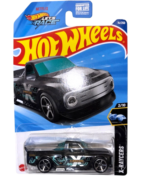 More Than Diecast Hot Wheels 2025 Draftnator toy truck, black with teal and white X-Raycers graphics, in packaging.