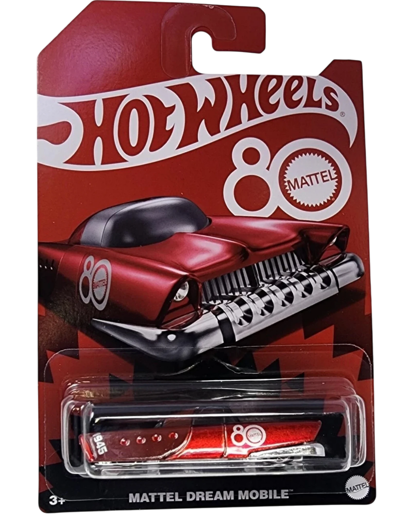 More Than Diecast Hot Wheels 80th Anniversary Dream Mobile die-cast car in metallic red with black accents and commemorative graphics.