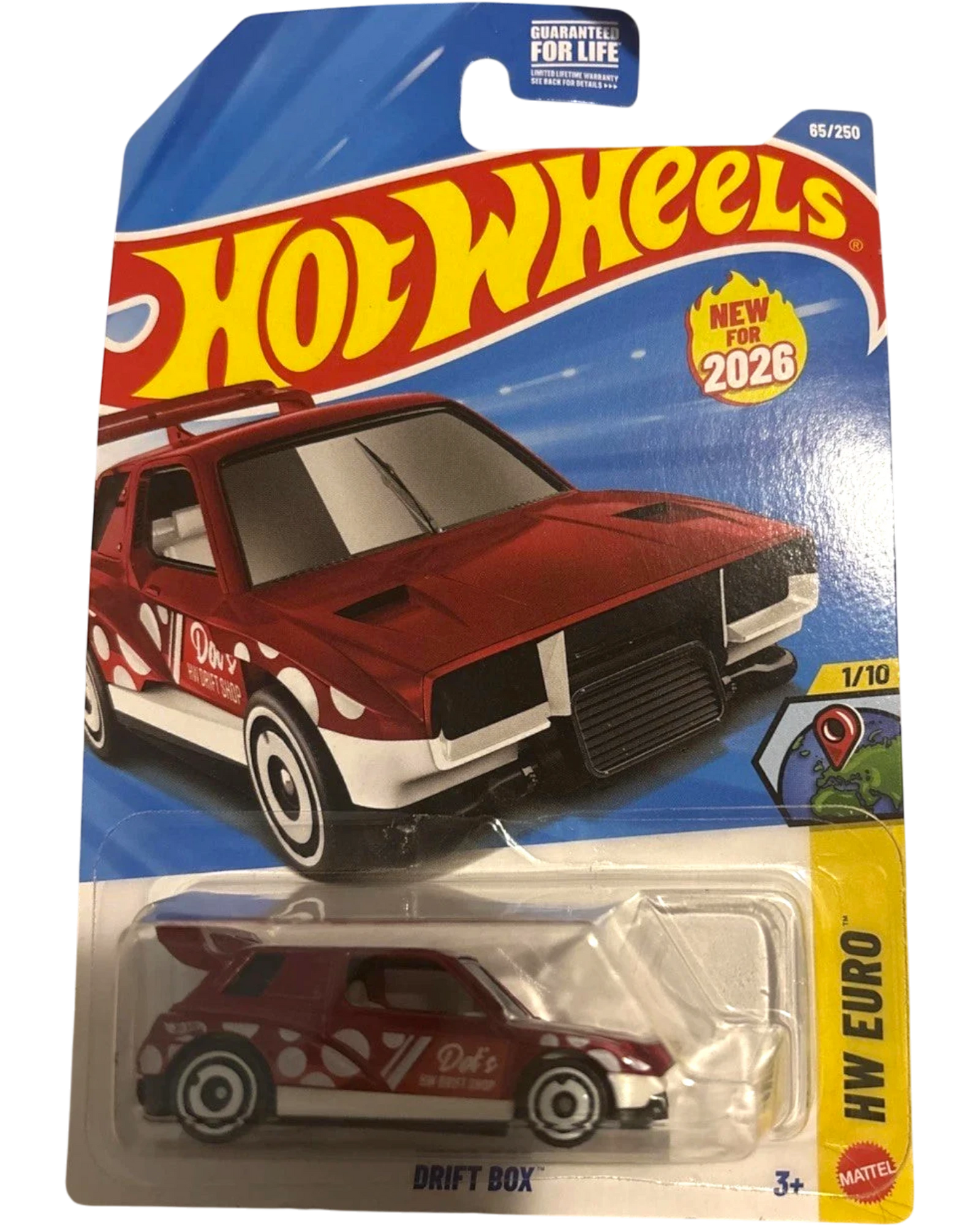More Than Diecast Hot Wheels Drift Box HW Euro 1/10 scale model car, red with white polka dots and drift livery, new in packaging.