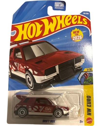 More Than Diecast Hot Wheels Drift Box HW Euro 1/10 scale model car, red with white polka dots and drift livery, new in packaging.
