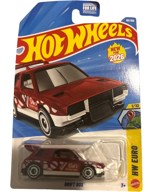 More Than Diecast Hot Wheels Drift Box HW Euro 1/10 scale model car, red with white polka dots and drift livery, new in packaging.