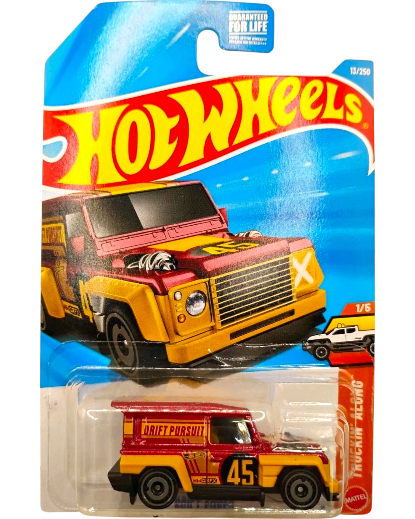 More Than Diecast Hot Wheels 2025 Drift Ender toy car in red and yellow with "Drift Pursuit" branding and the number 45.