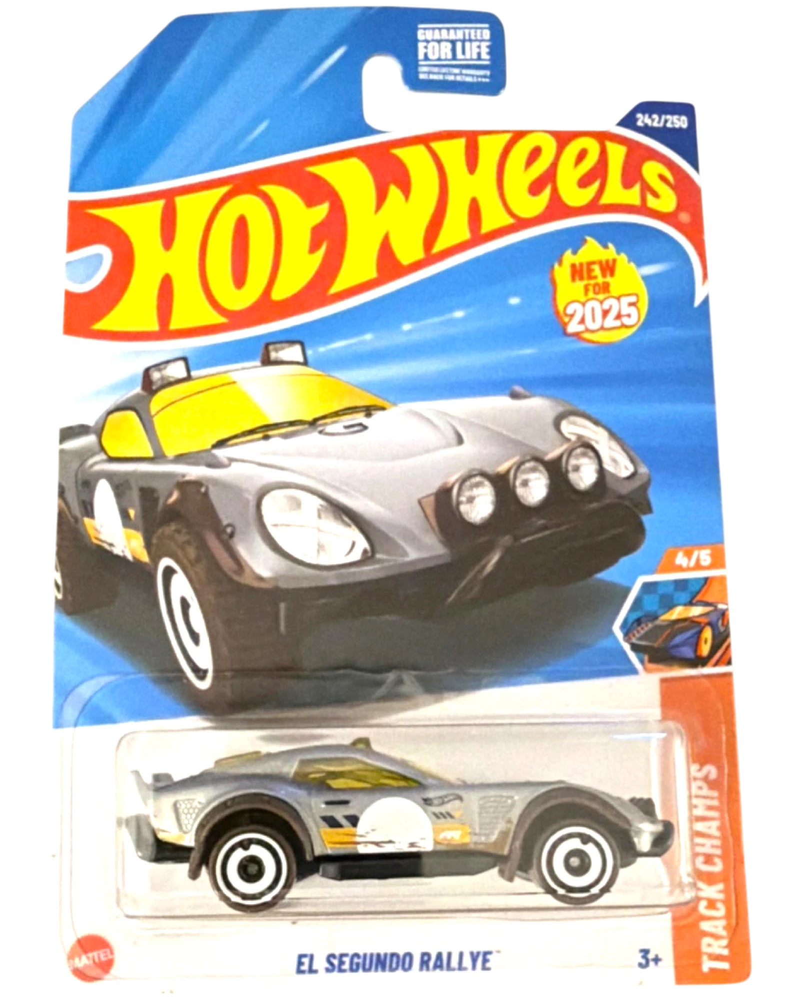 More Than Diecast Hot Wheels El Segundo Rallye 1:64 scale diecast car, gray with yellow accents and racing decals, new for 2025.