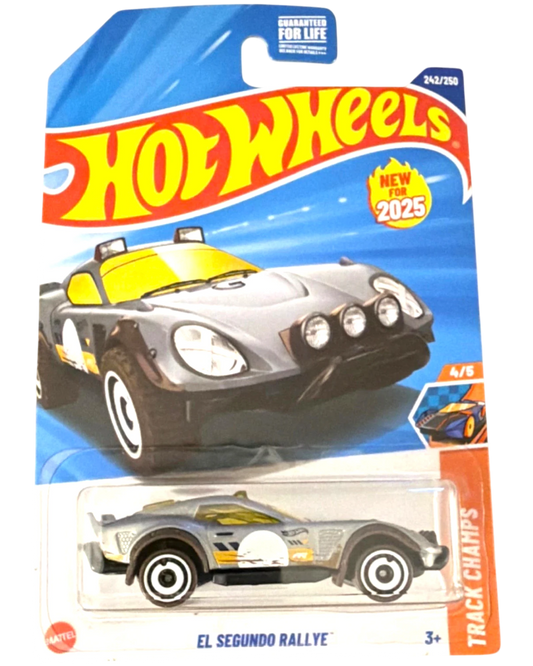 More Than Diecast Hot Wheels El Segundo Rallye 1:64 scale diecast car, gray with yellow accents and racing decals, new for 2025.