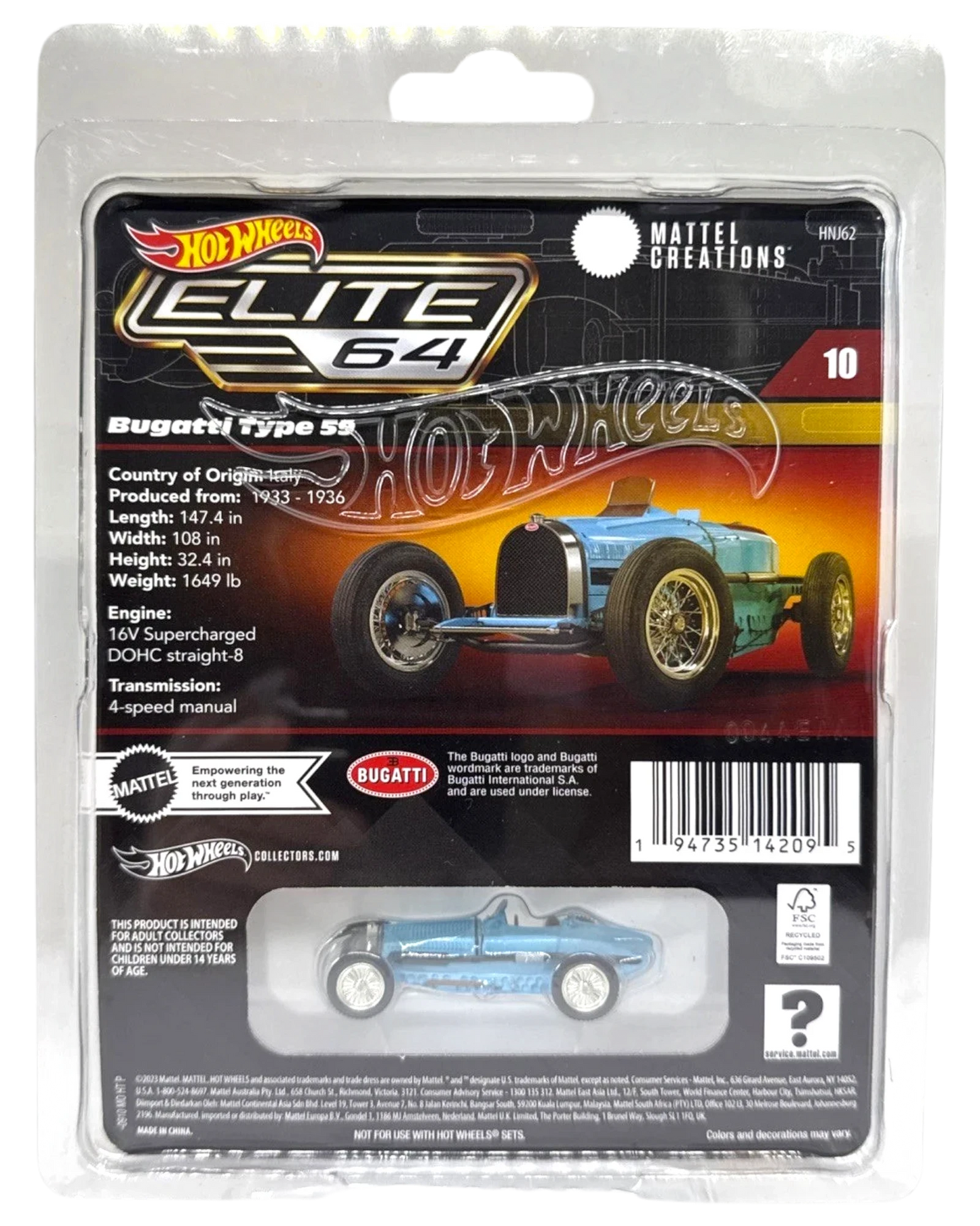 More Than Diecast: Hot Wheels Elite 64 blue Bugatti Type 59 1:64 scale die-cast model with Real Riders tires.