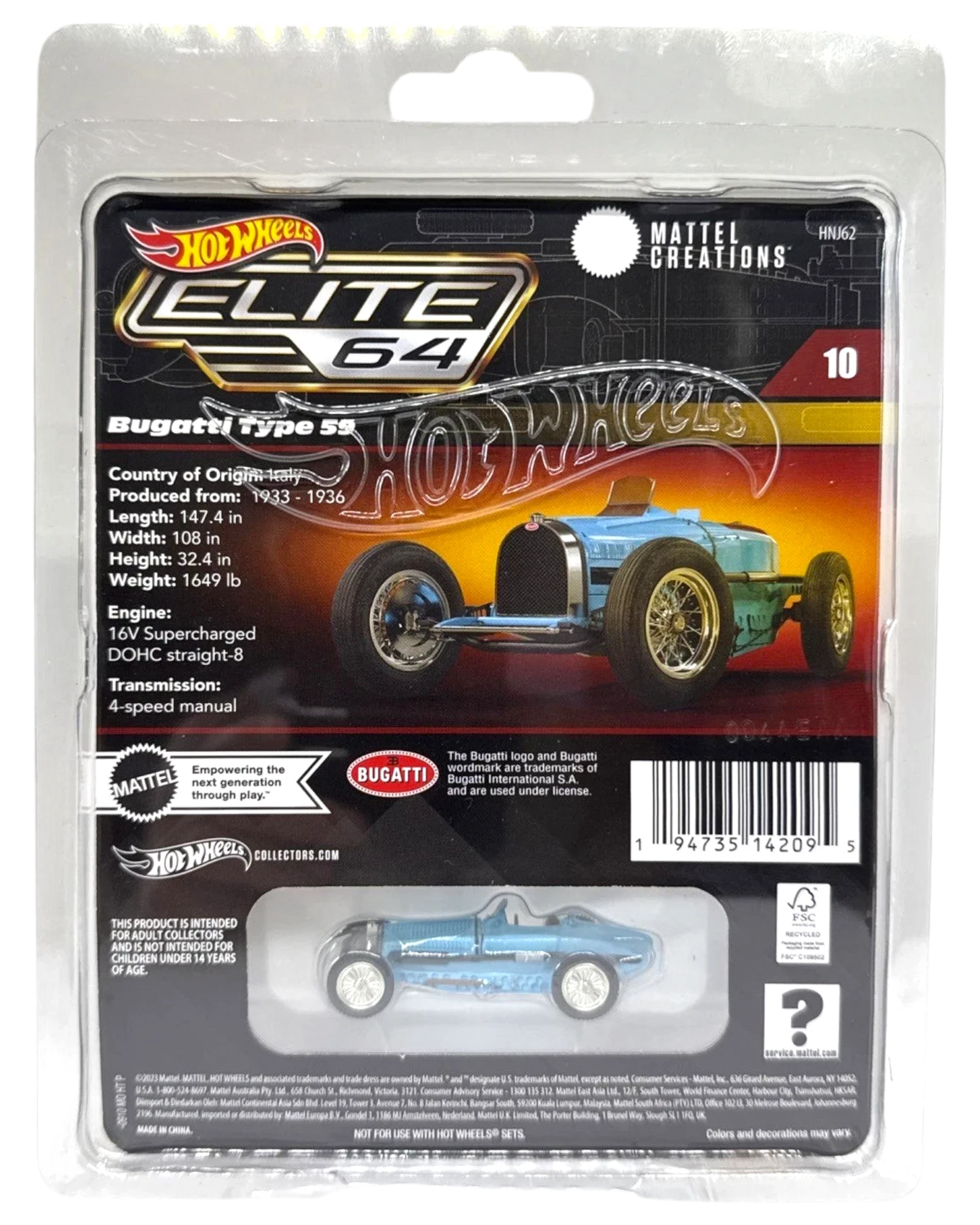 More Than Diecast: Hot Wheels Elite 64 blue Bugatti Type 59 1:64 scale die-cast model with Real Riders tires.