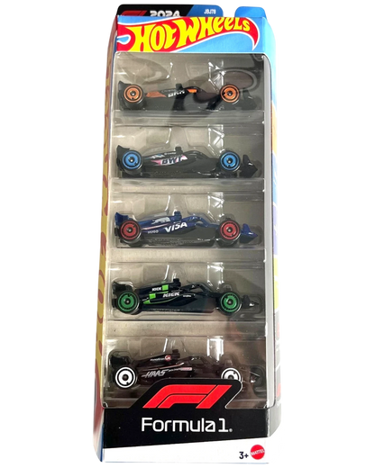 More Than Diecast Hot Wheels 2024 F1 5-pack die-cast cars in black, blue, and orange with sponsor decals. 1:64 scale.