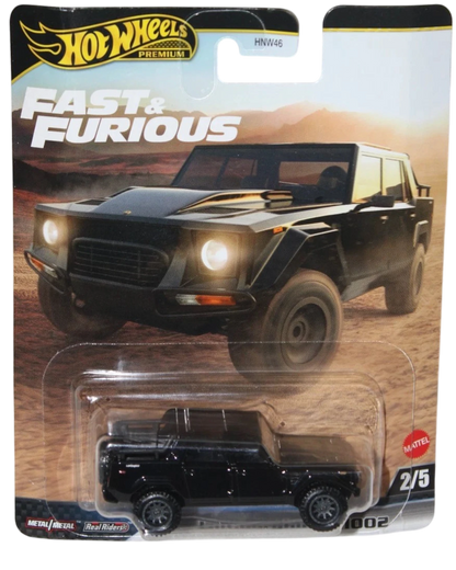 More Than Diecast Hot Wheels Premium Fast & Furious Lamborghini LM002 Black Edition die-cast metal body with detailed plastic accents and film-inspired livery.