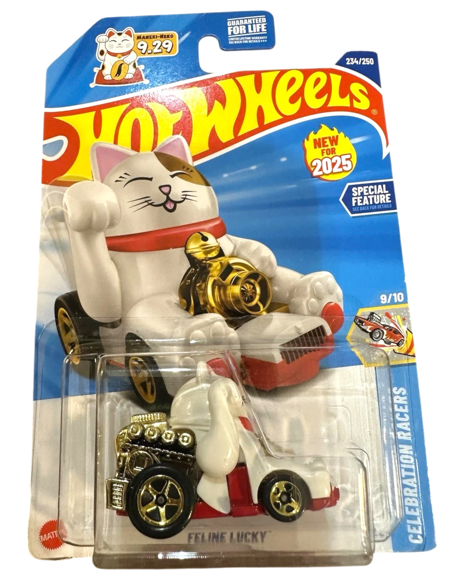 More Than Diecast 2025 Hot Wheels Feline Lucky die-cast car, white with red accents and gold engine details, part of the Celebration Racers series.
