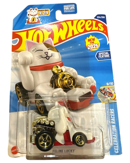 More Than Diecast 2025 Hot Wheels Feline Lucky die-cast car, white with red accents and gold engine details, part of the Celebration Racers series.