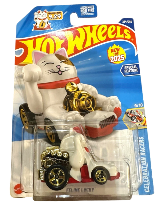 More Than Diecast 2025 Hot Wheels Feline Lucky die-cast car, white with red accents and gold engine details, part of the Celebration Racers series.