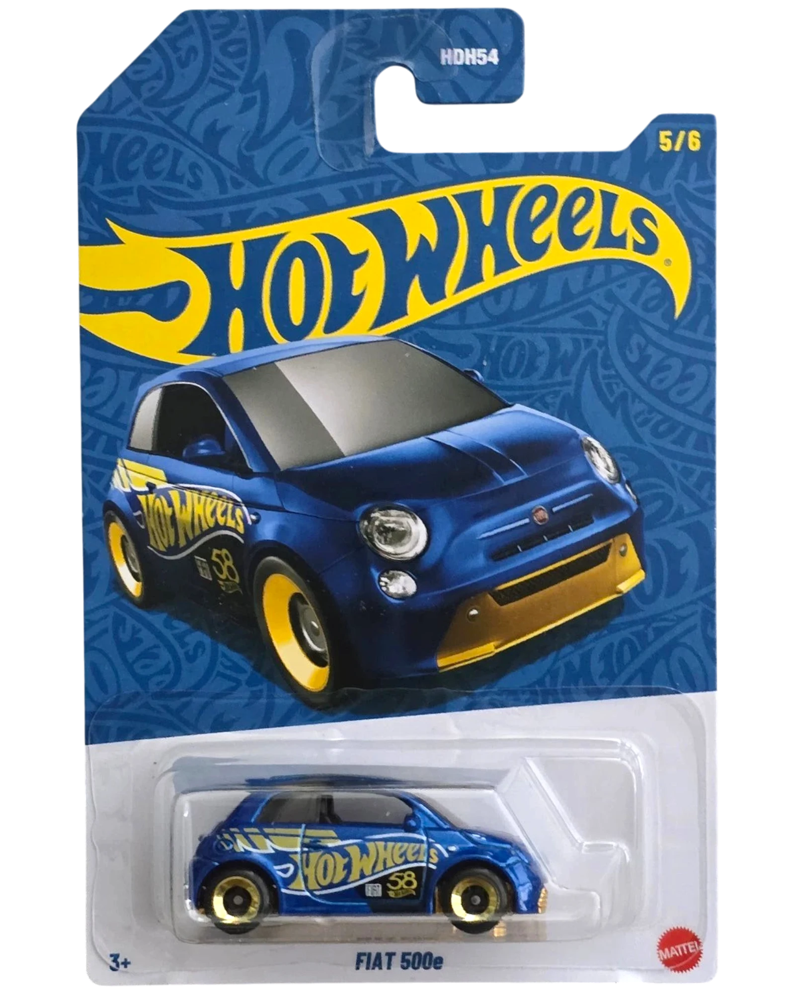 More Than Diecast 2026 Hot Wheels Fiat 500e, 1:64 scale, pearl blue with gold accents and anniversary graphics.