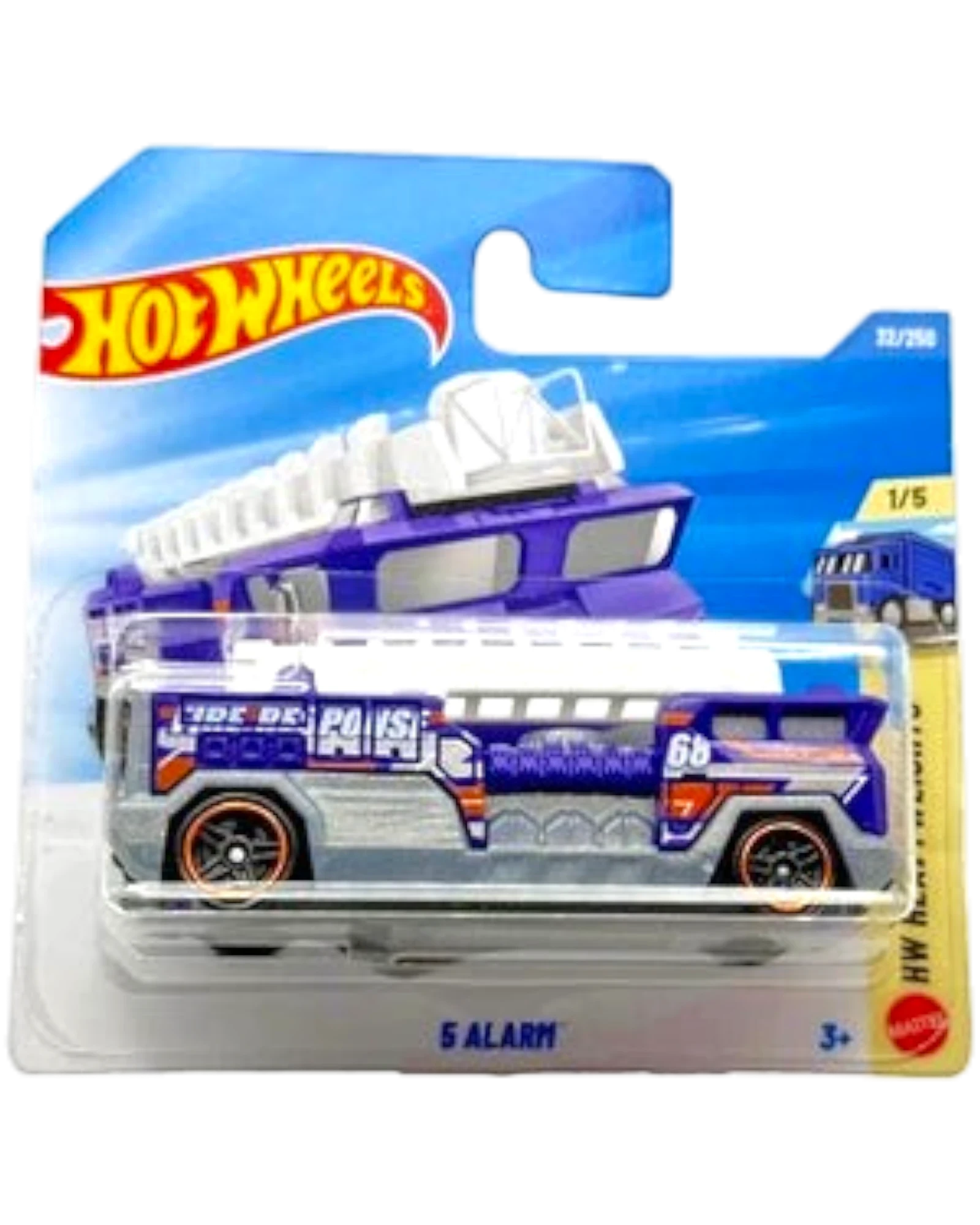 More Than Diecast Hot Wheels Five Alarm fire truck, 1:64 scale die-cast with purple and white details, on a blue and white card.