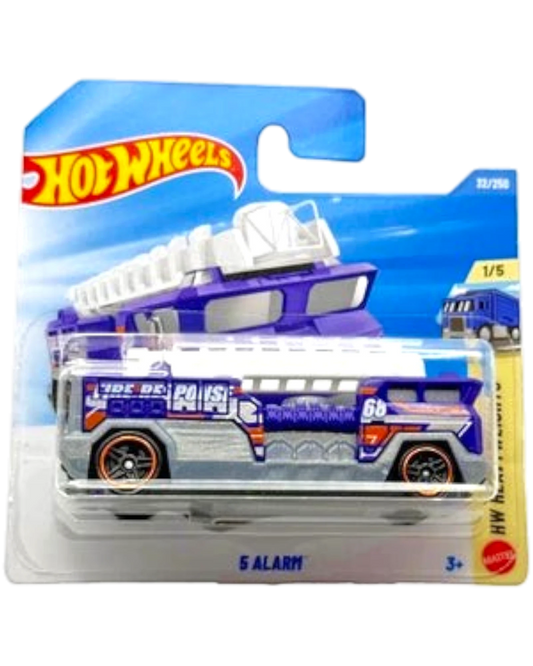 More Than Diecast Hot Wheels Five Alarm fire truck, 1:64 scale die-cast with purple and white details, on a blue and white card.