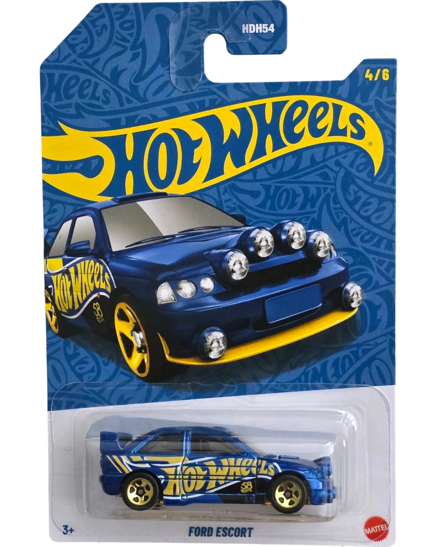 More Than Diecast 2026 Ford Escort Hot Wheels 1:64 scale die-cast car in pearl chrome with gold accents and rally lights.