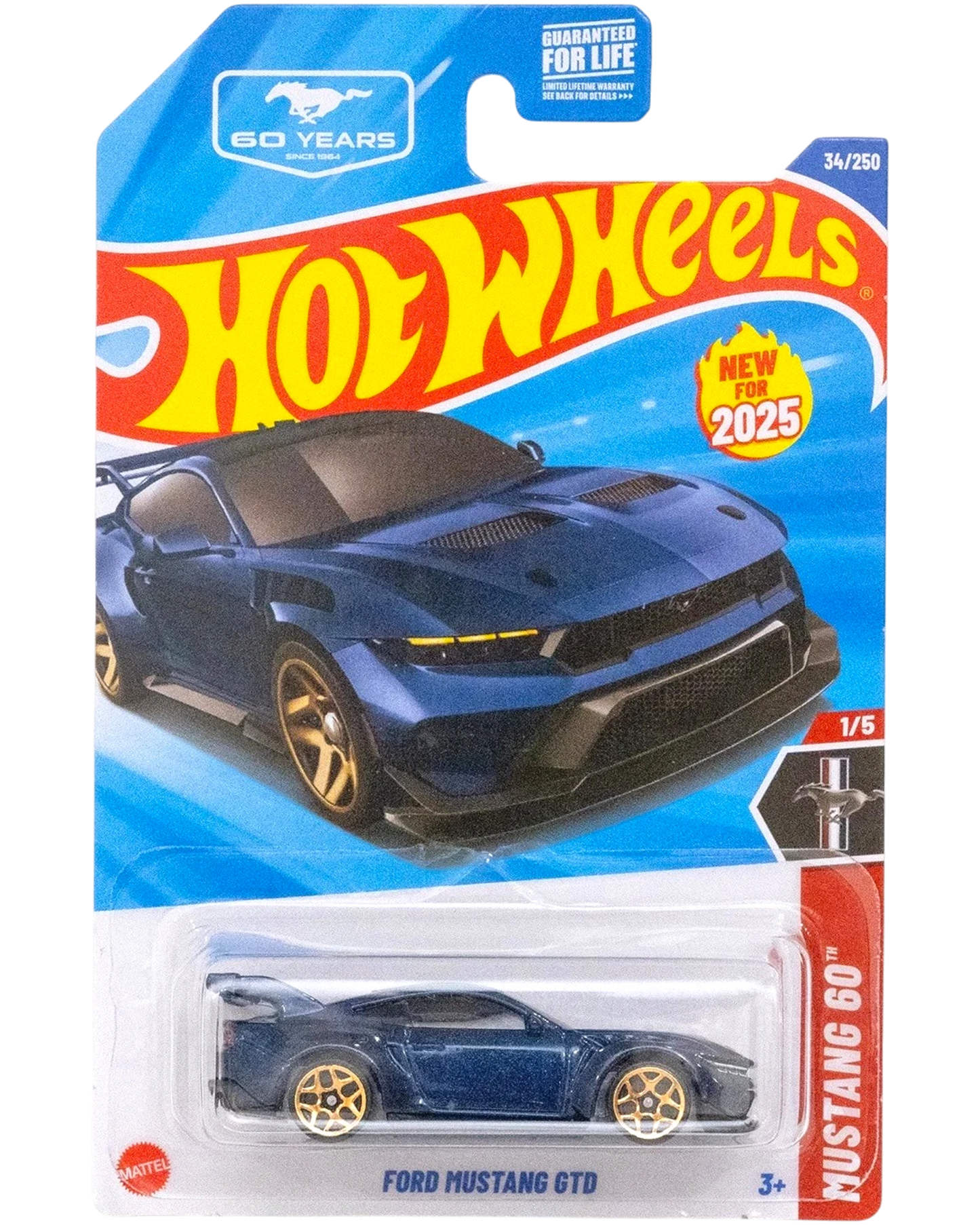 More Than Diecast Hot Wheels Ford Mustang GTD toy car, dark blue with gold wheels and spoiler.