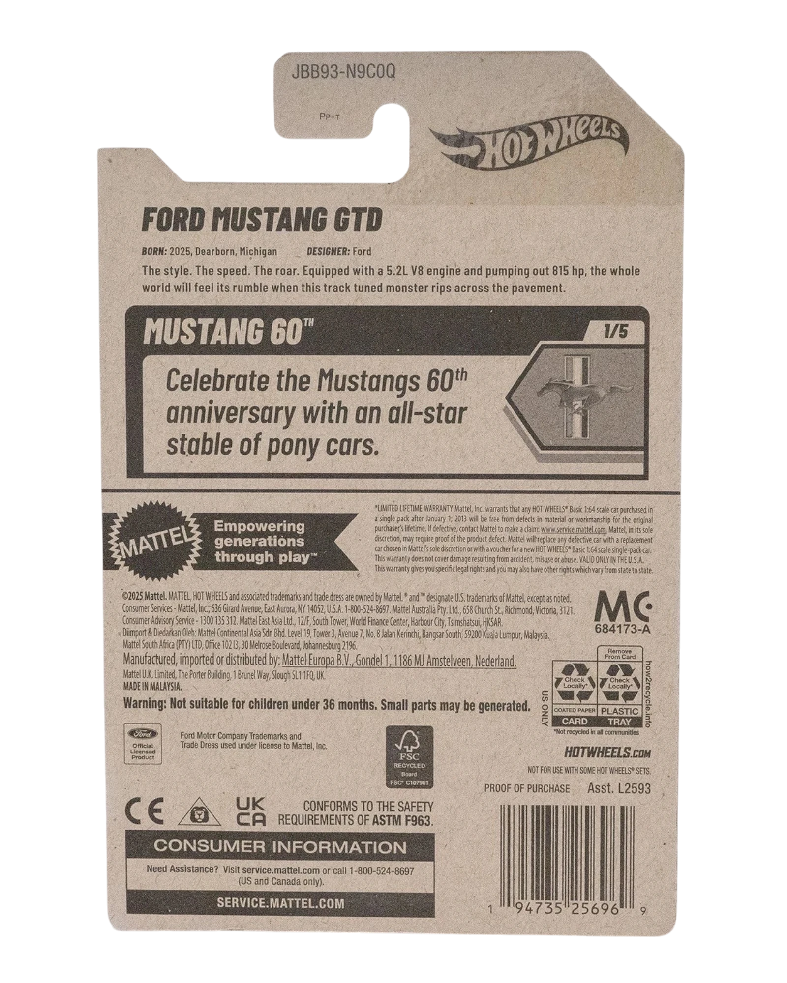 More Than Diecast Hot Wheels Ford Mustang GTD 34/250 collectible toy car packaging.
