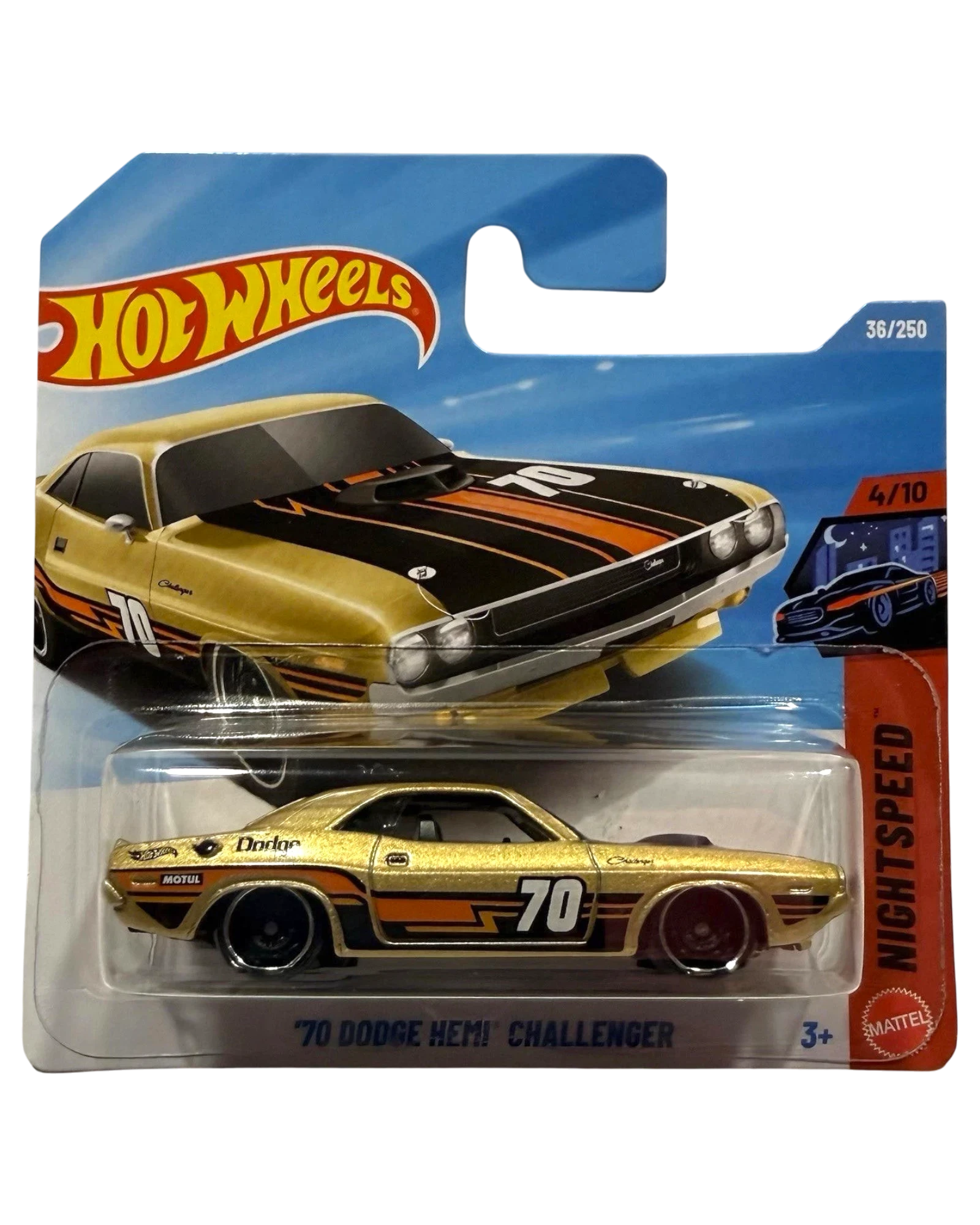 More Than Diecast Hot Wheels 1:64 scale gold 1970 Dodge Hemi Challenger die-cast car with black and orange racing stripes.