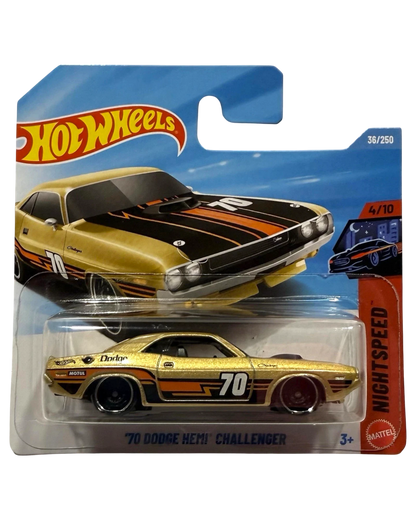More Than Diecast Hot Wheels 1:64 scale gold 1970 Dodge Hemi Challenger die-cast car with black and orange racing stripes.