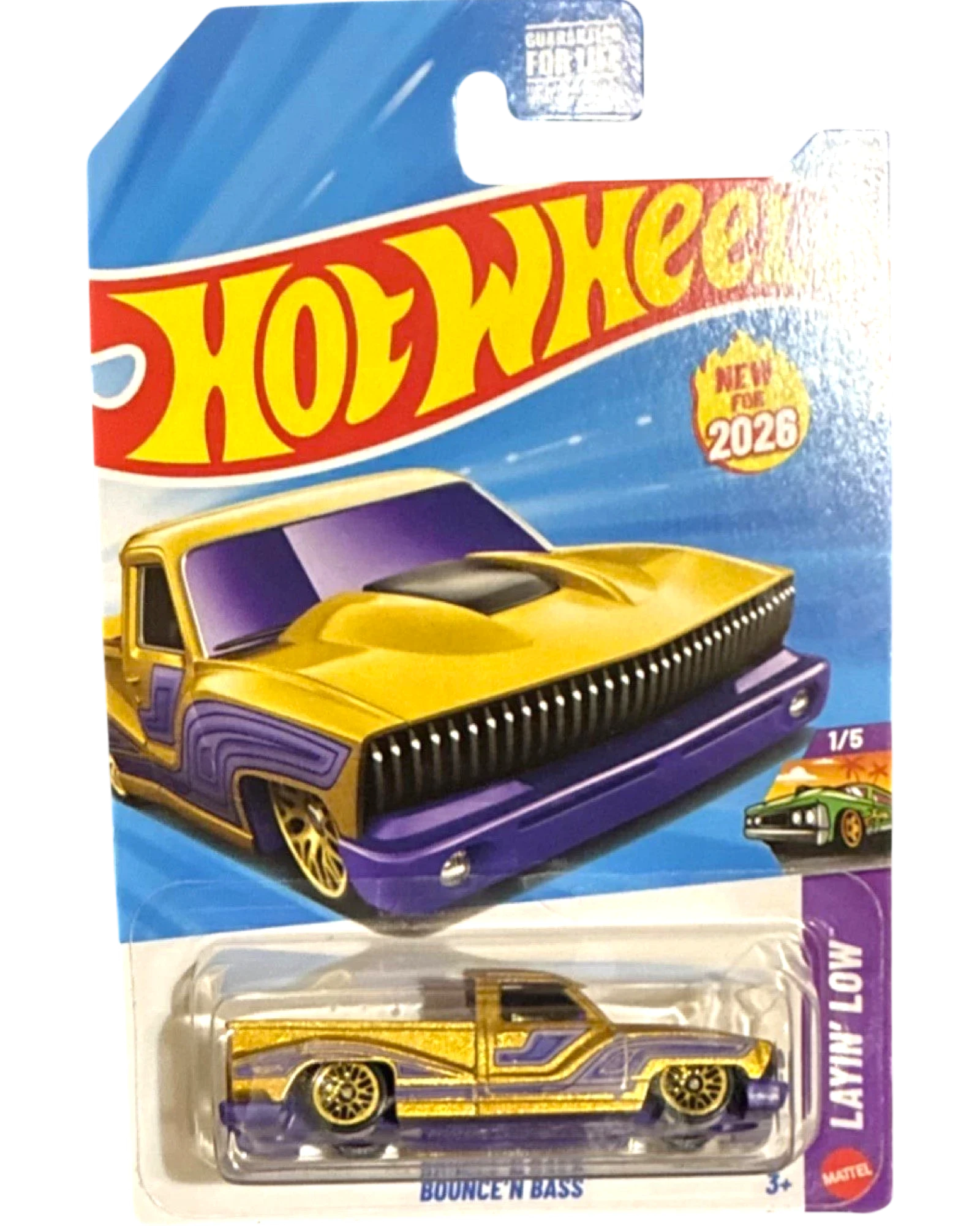 More Than Diecast Hot Wheels Bounce N Bass Layin Low 1:64 scale die-cast truck in gold and purple with custom graphics, new for 2026.