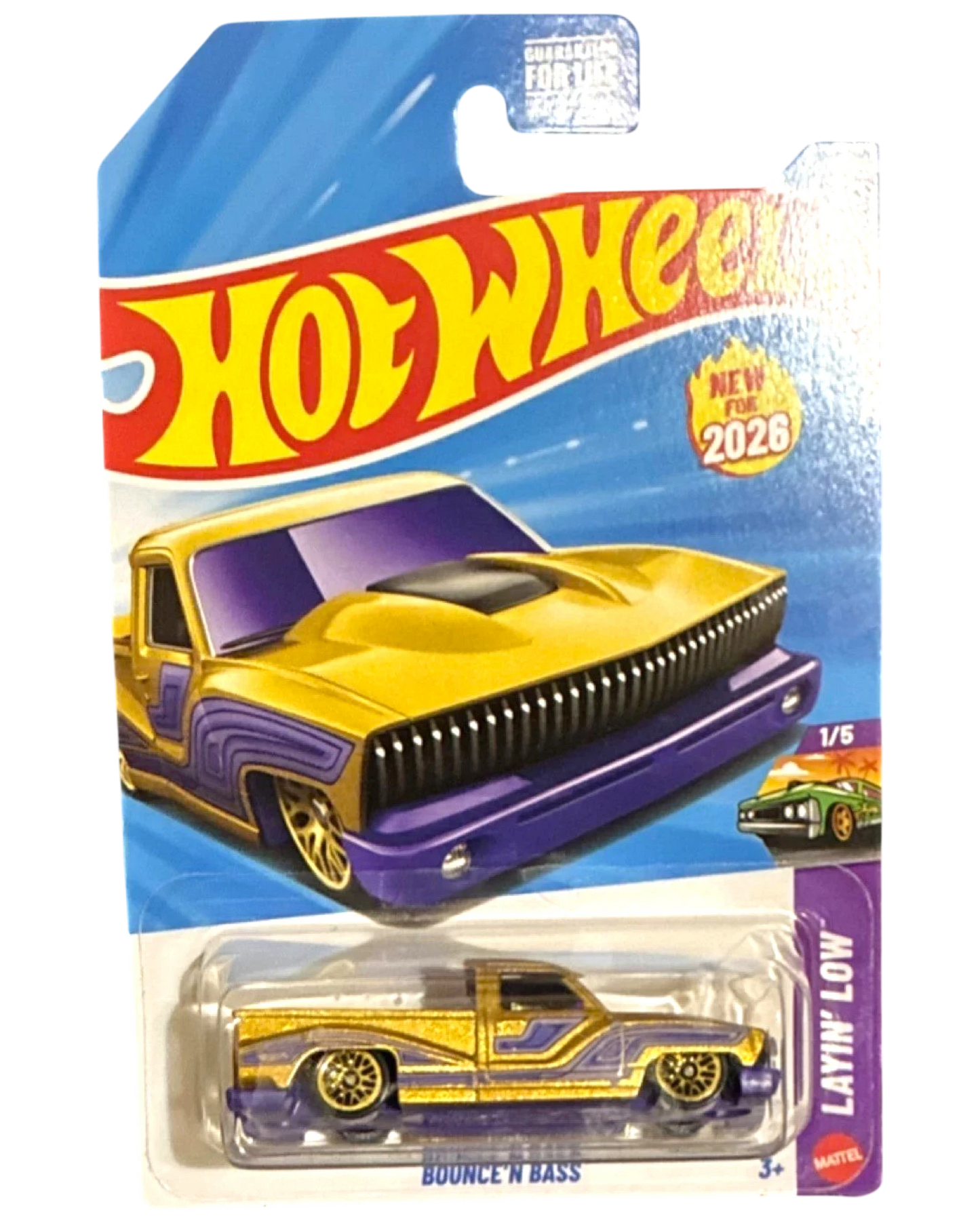 More Than Diecast Hot Wheels 2026 Bounce N Bass Layin Low 1:64 scale die-cast truck in metallic gold with purple accents and gold wheels.