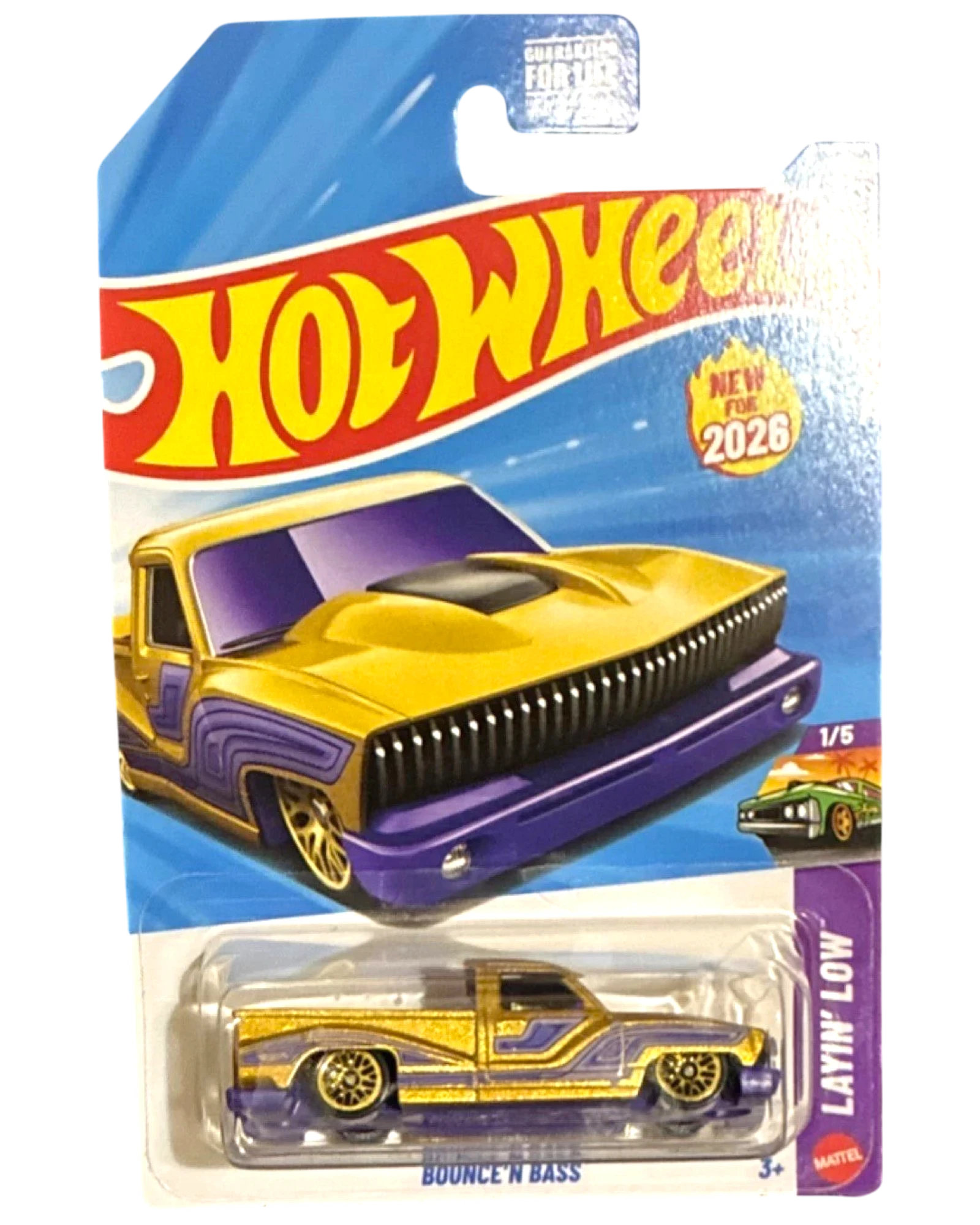 More Than Diecast Hot Wheels 2026 Bounce N Bass Layin Low 1:64 scale die-cast truck in metallic gold with purple accents and gold wheels.