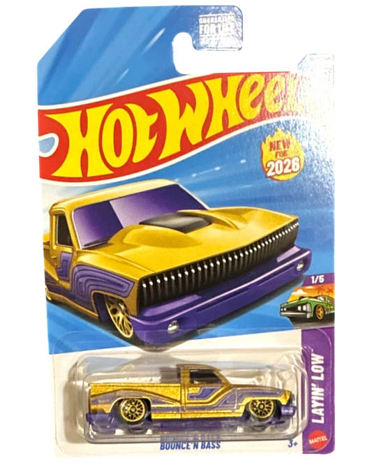 More Than Diecast Hot Wheels 2026 Bounce N Bass Layin Low 1:64 scale die-cast truck in metallic gold with purple accents and gold wheels.