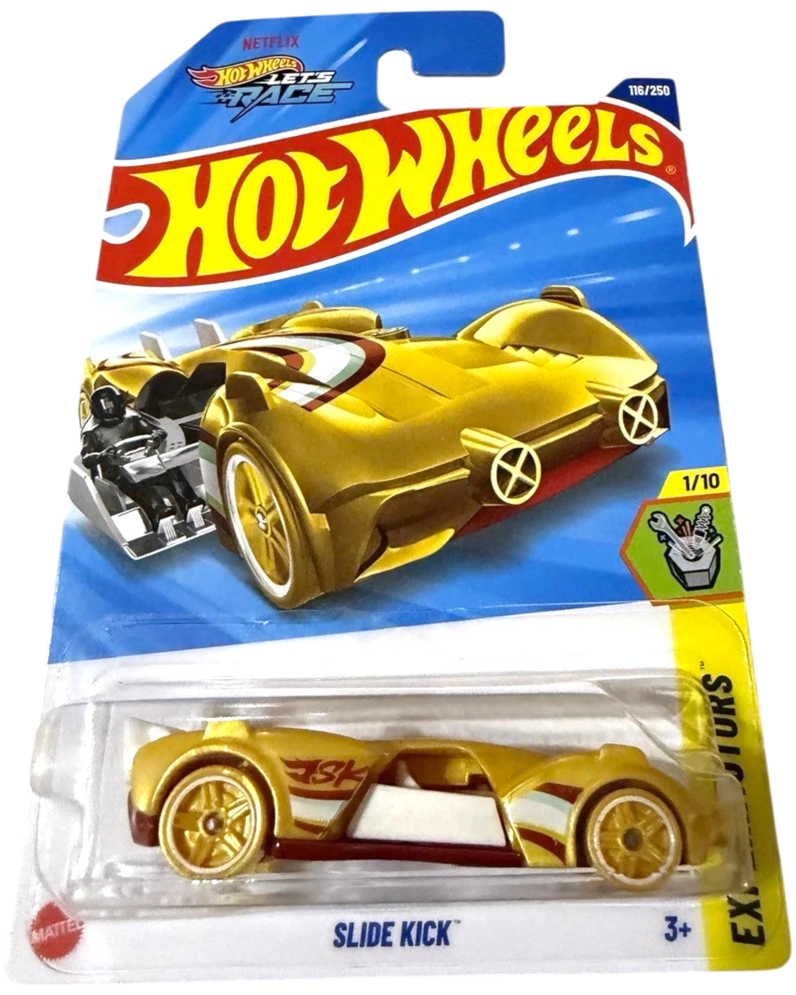 More Than Diecast Hot Wheels 1/64 scale gold Slide Kick die-cast car with red and white accents, limited edition 116/250.
