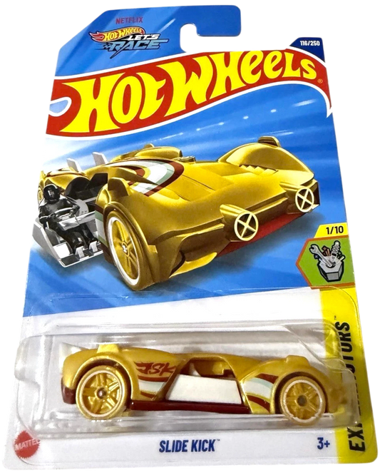 More Than Diecast Hot Wheels 1/64 scale gold Slide Kick die-cast car with red and white accents, limited edition 116/250.