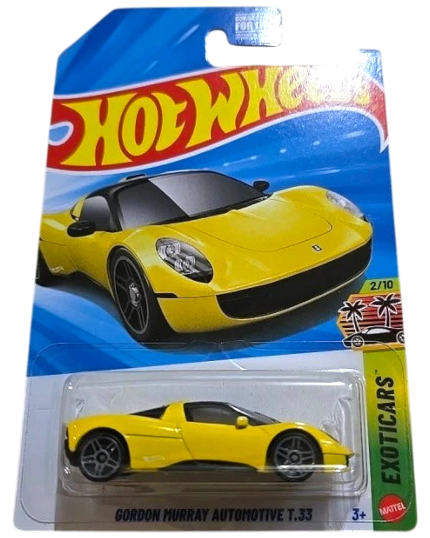 More Than Diecast Hot Wheels 2025 Gordon Murray Automotive T.33 yellow die-cast model car with black roof and tinted windows.