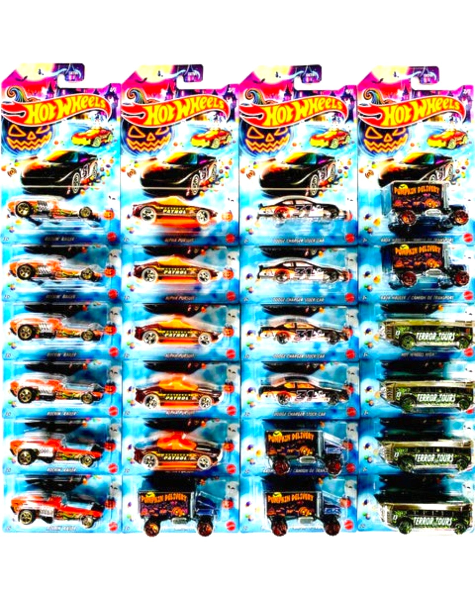 More Than Diecast Hot Wheels Halloween 2026 1:64 scale die-cast vehicles in themed packaging. Includes cars and trucks with spooky graphics.